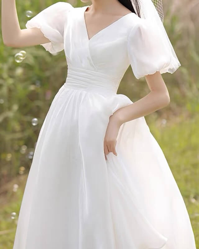 White Puffy Sleeve Organza Wedding Tea Length Dress