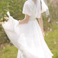 White Puffy Sleeve Organza Wedding Tea Length Dress