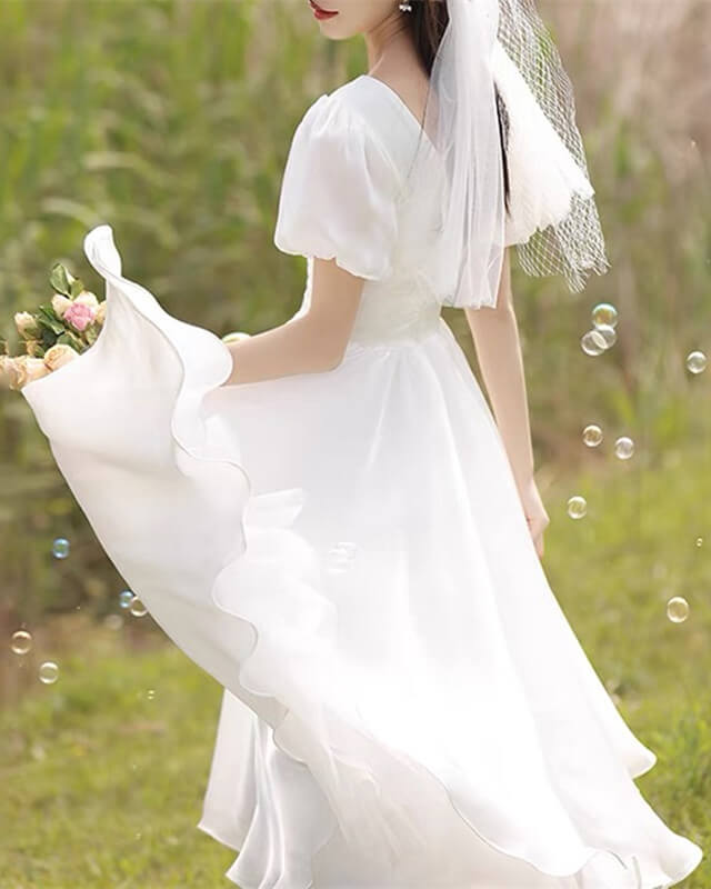 White Puffy Sleeve Organza Wedding Tea Length Dress