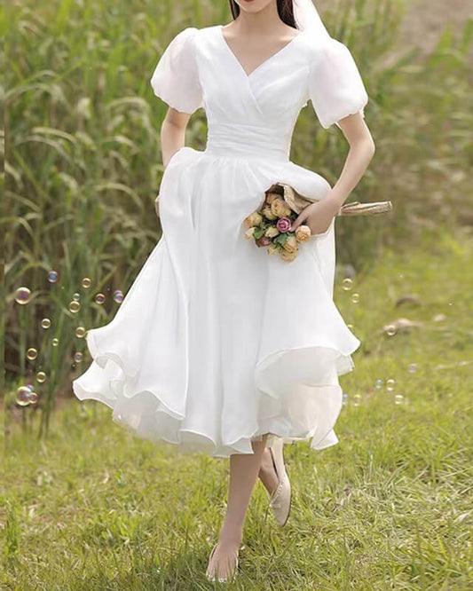 White Puffy Sleeve Organza Wedding Tea Length Dress