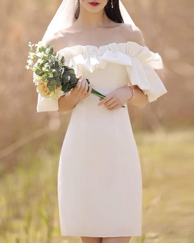 White Off The Shoulder Ruffles Neckline Dress