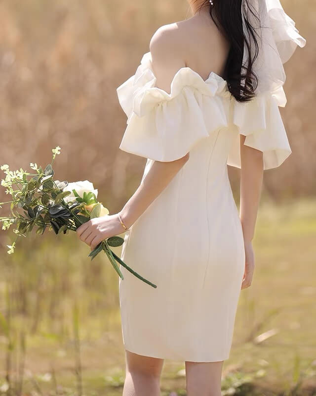 White Off The Shoulder Ruffles Neckline Dress