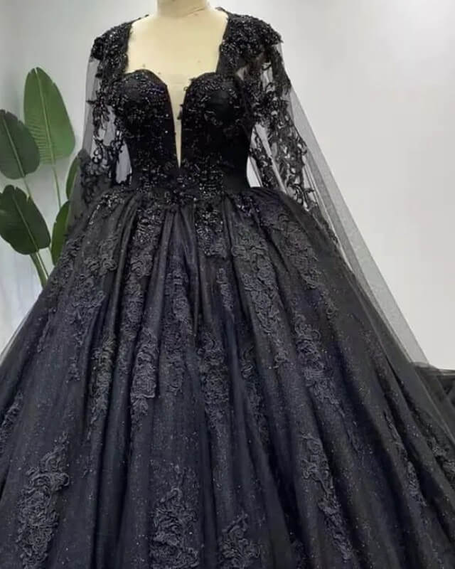Gothic Black Long Sleeve Wedding Dress With Cape
