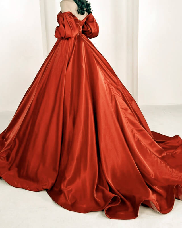 Burnt Orange Ball Gown Satin Puffy Sleeve Dress