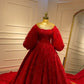 Red Lace Puffy Sleeve Ball Gown Dress