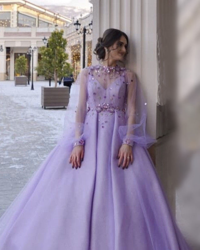 Long Sleeve Purple Ball Gown