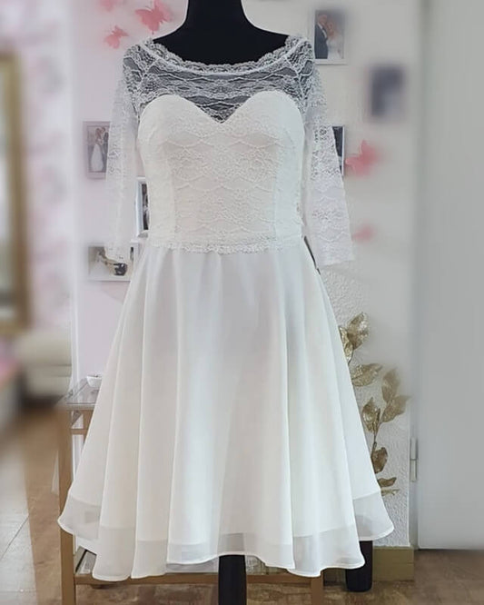 Short Plus Size Chiffon Wedding Dress With Lace Sleeve