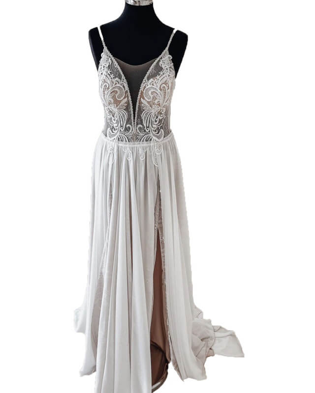 Vintage Boho V Neck Split Wedding Dress Lace Embroidery
