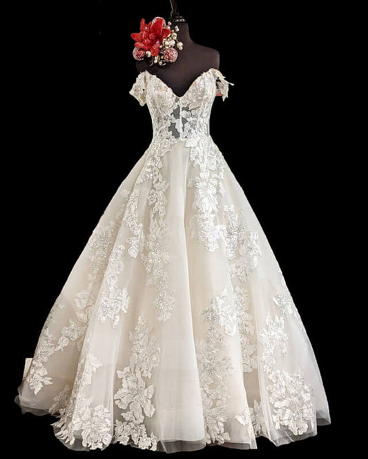 Ball Gown V Neck Corset Lace Embroidery Wedding Dress