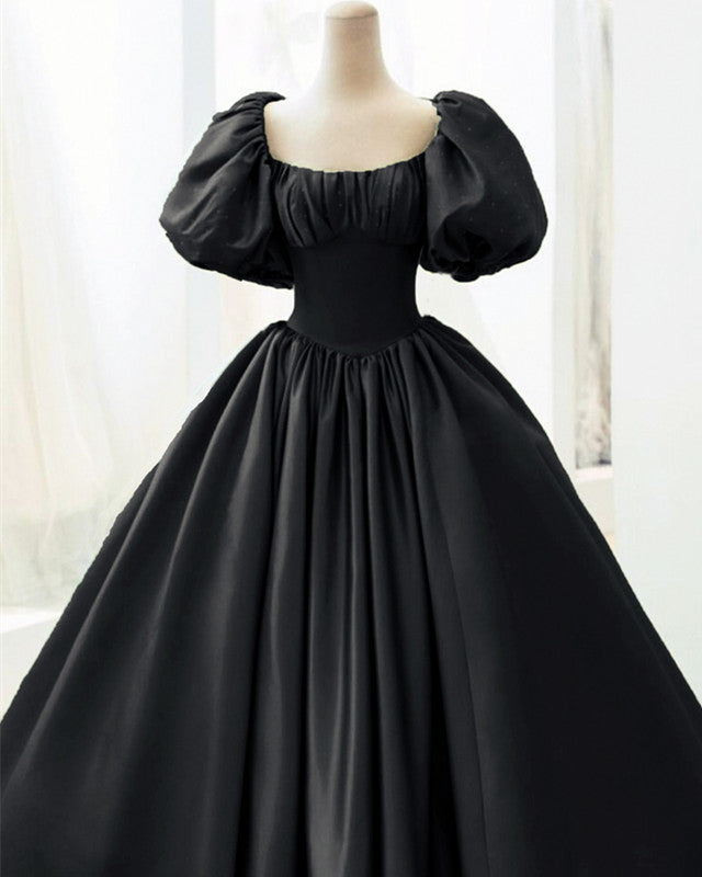 Ball Gown Black Satin Wedding Dresses Puffy Sleeves