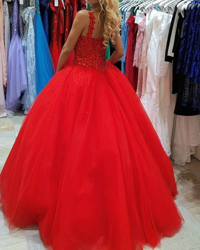 Red Sweetheart Crystal Beaded Corset Ball Gown Dress