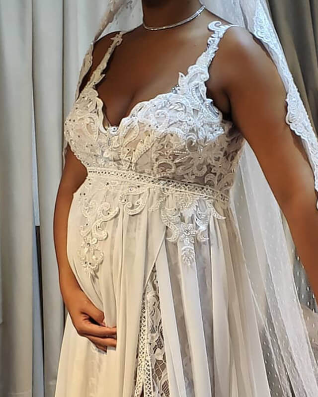 Chic Chiffon Pregnant Wedding Dresses Lace Embroidery V-neck