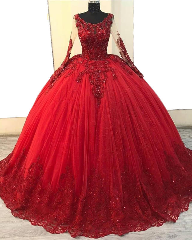 Burgundy Ball Gown Long Sleeve Lace Applique Dresses