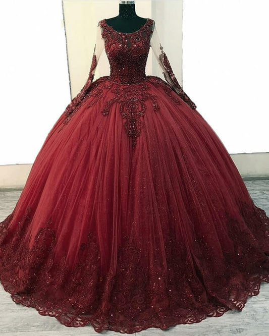 Burgundy Ball Gown Long Sleeve Lace Applique Dresses