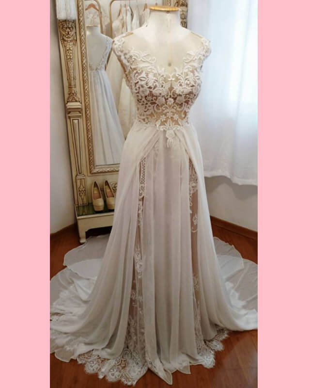 Boho Lace Cap Sleeves Wedding Dresses With Double Slit