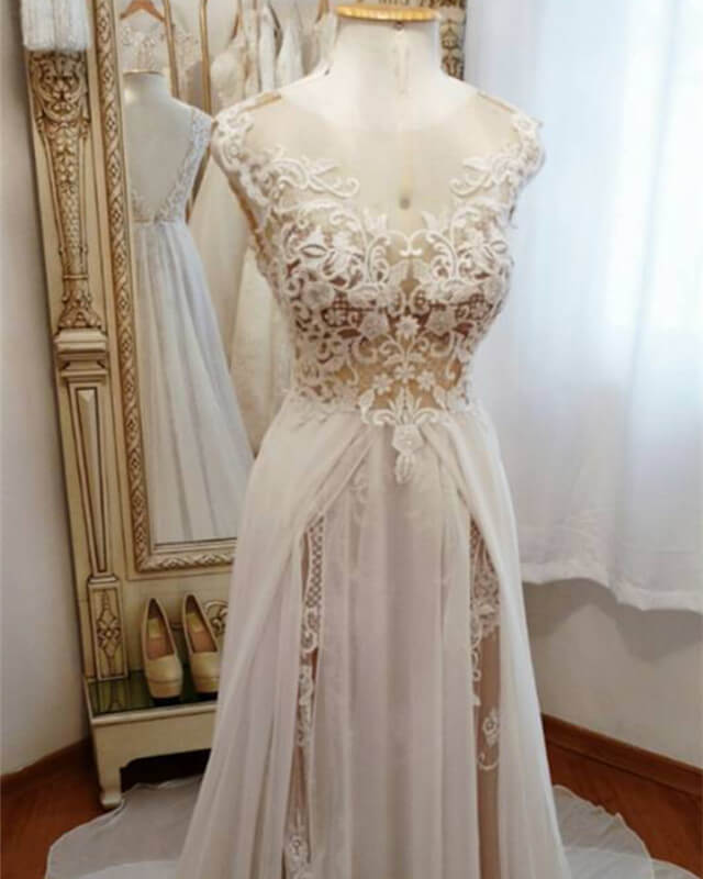 Boho Lace Cap Sleeves Wedding Dresses With Double Slit