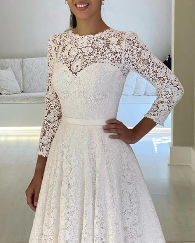Modest Tea Length Lace Wedding Dresses With Sleeve
