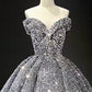 Silver Sequin Ball Gown Off The Shoulder