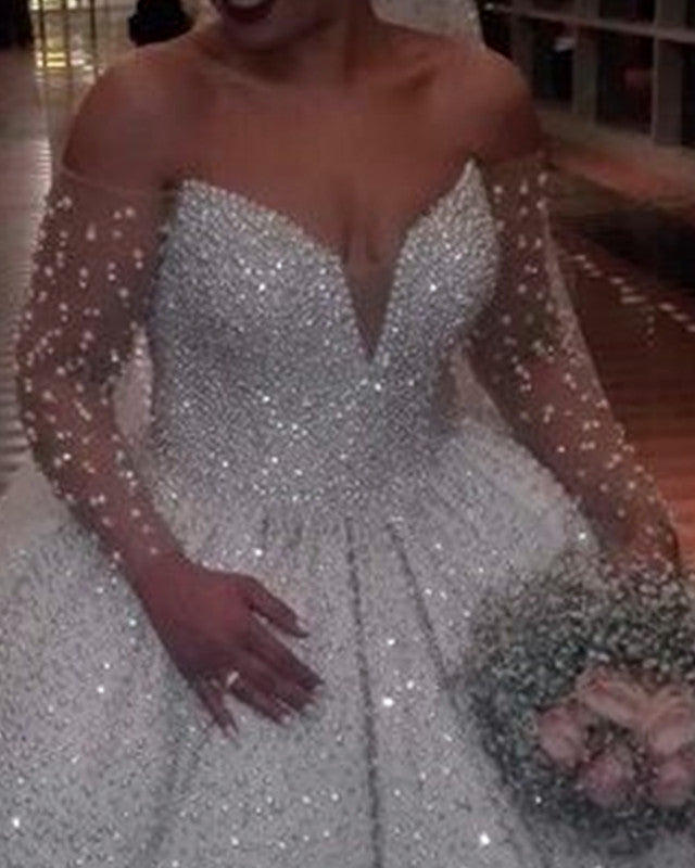 Ball Gown Sparkly Long Sleeve Wedding Dress Off The Shoulder