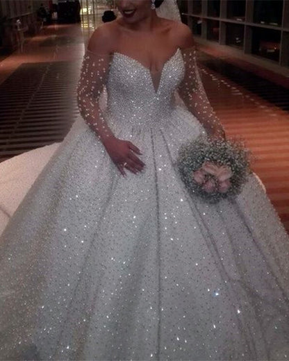 Påstand Kamp sød smag Sparkle Beaded Wedding Dress Ball Gown Long Sleeves – Lisposa