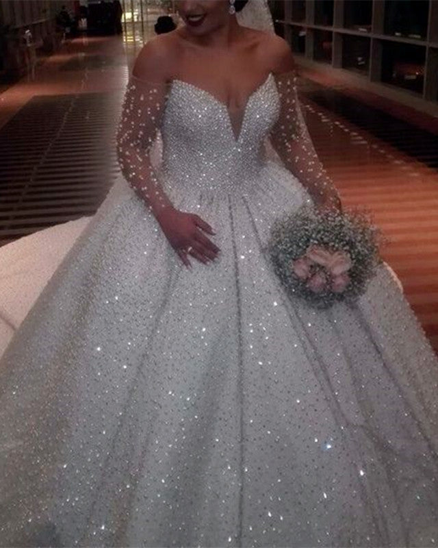 Sparkle Beaded Wedding Dress Ball Gown Long Sleeves – Lisposa