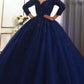 Navy Blue V Neck Wedding Dress With 3/4 Sleeves
