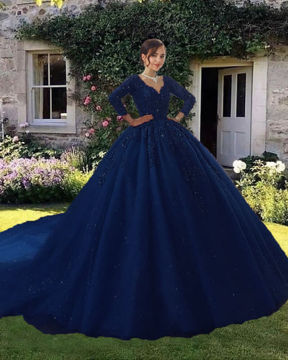blue wedding dress Navy Blue V Neck Wedding Dress With 3/4 Sleeves – Lisposa