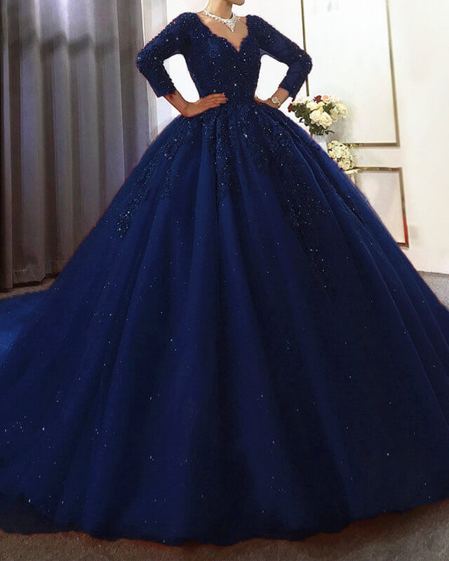 Navy Blue V Neck Wedding Dress With 3/4 Sleeves