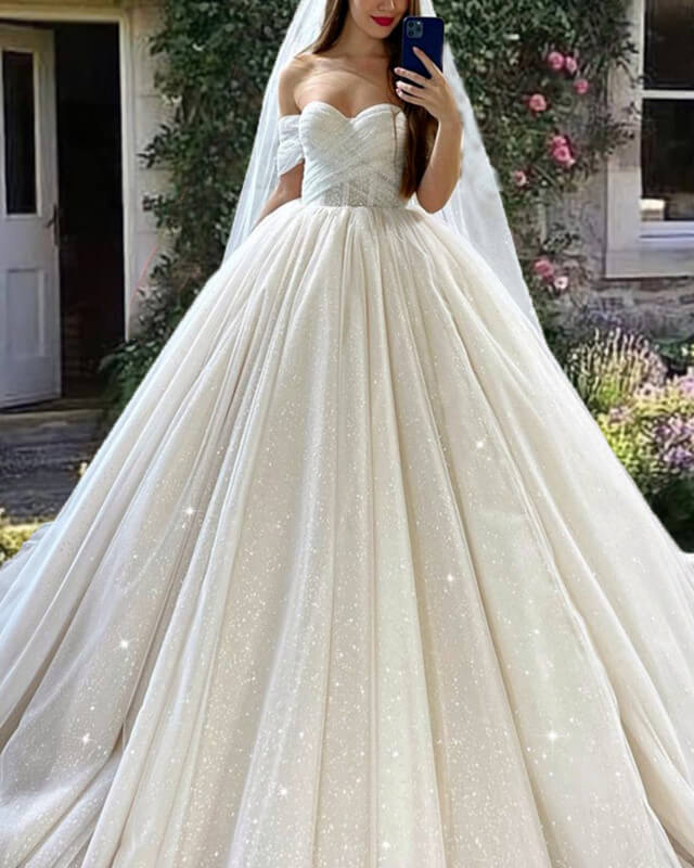 Ivory Sparkly Tulle Ball Gown Wedding Dress