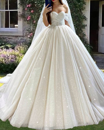 Ivory Sparkly Tulle Ball Gown Wedding Dress