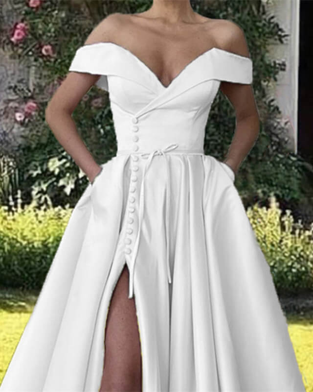 Off The Shoulder Satin Wedding Gown With Pockets