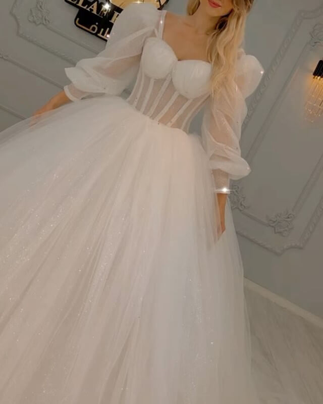 Sparkly Puffy Sleeve Corset Wedding Gown