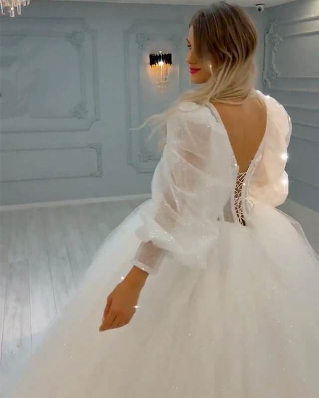 Sparkly Puffy Sleeve Corset Wedding Gown