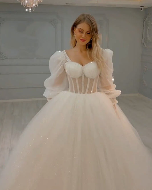Sparkly Puffy Sleeve Corset Wedding Gown