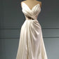 Pleated V Neck High Slit Satin Wedding Dress