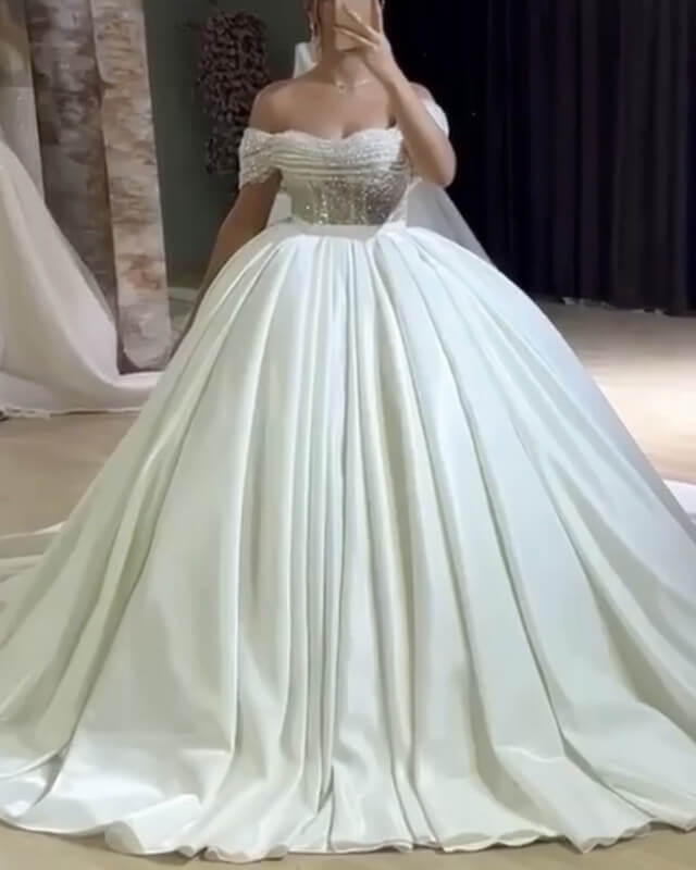 Sequin Beaded Corset Ball Gown Satin Wedding Dress