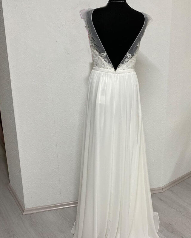 Sheer Cap Sleeve Open Back Wedding Dress