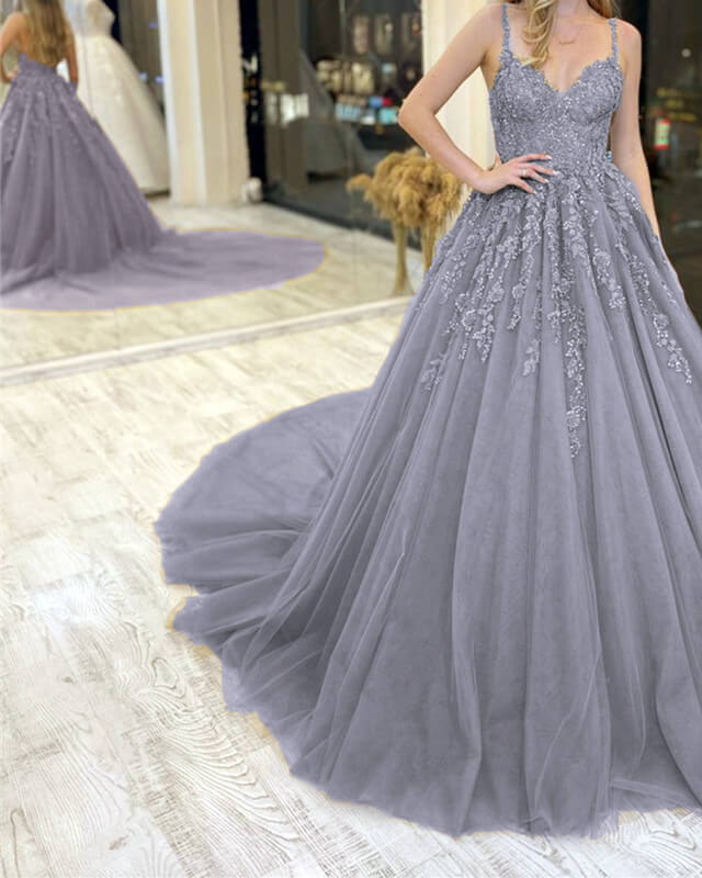Silver Tulle Ball Gown Lace V-neck Dress