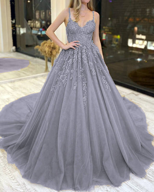 Silver Tulle Ball Gown Lace V-neck Dress