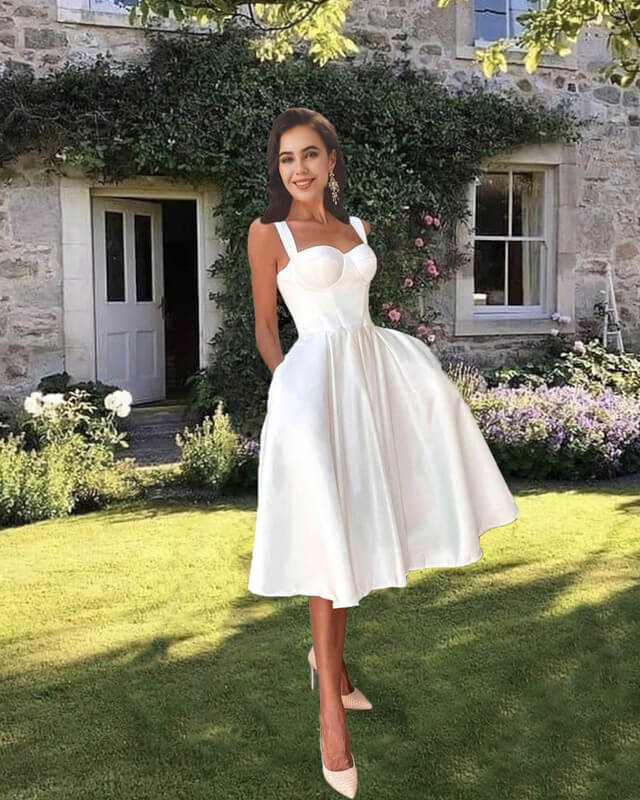 Tea Length Satin Corset Wedding Dress With Pockets