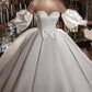 Puffy Sleeves Satin Wedding Ball Gown With Sheer Neckline