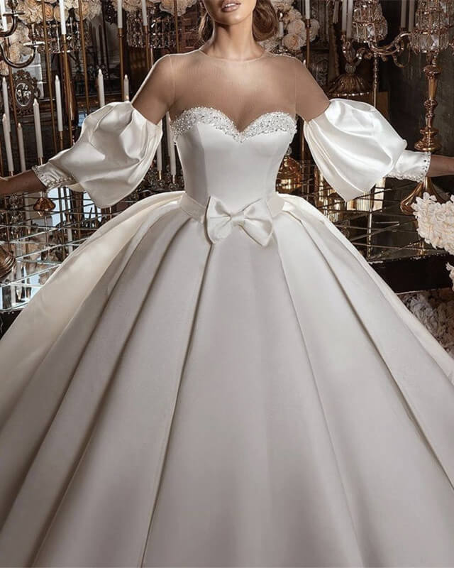 Puffy Sleeves Satin Wedding Ball Gown With Sheer Neckline
