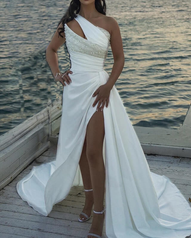 Mermaid One Shoulder Satin Wedding Dress High Slit