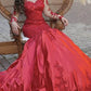 Mermaid Red Satin Dress Lace Long Sleeve