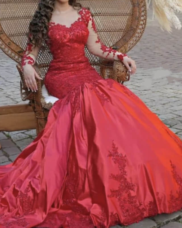 Mermaid Red Satin Dress Lace Long Sleeve