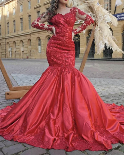 Mermaid Red Satin Dress Lace Long Sleeve Lisposa Mermaid Red Satin Dress Lace Long Sleeve Lisposa