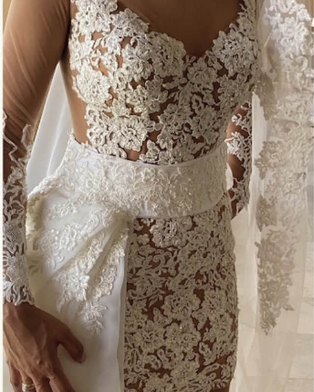 Boho Lace Sheer Wedding Dress Removable Skirt