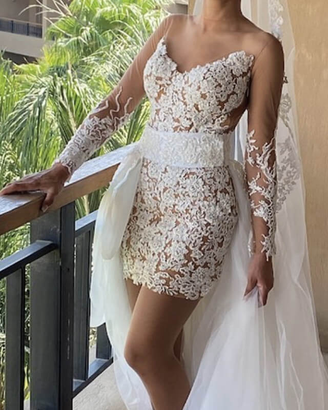 Boho Lace Sheer Wedding Dress Removable Skirt