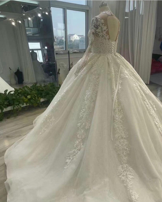 Sheer Lace Sleeve Wedding Ball Gown Dress