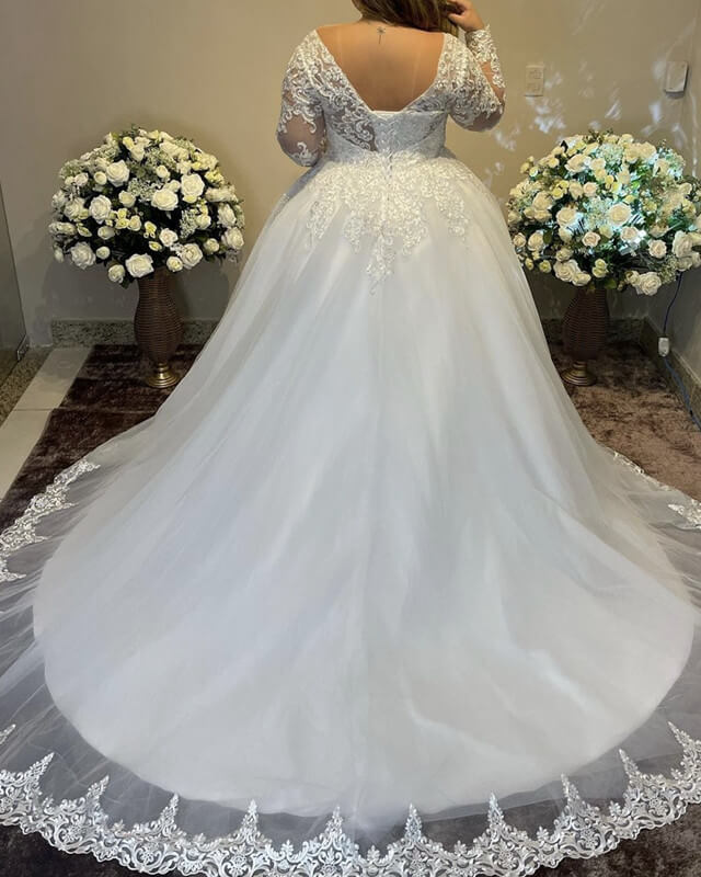 Modest Plus Size Tulle Wedding Dress With Lace Sleeve